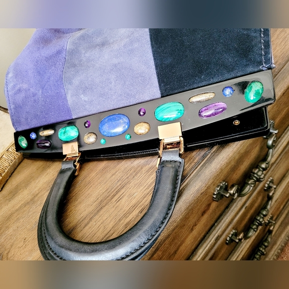 Tory Burch Attersee Women Luxe Suede Frame Satchel Bag Jewel /Black Large - Picture 7 of 16